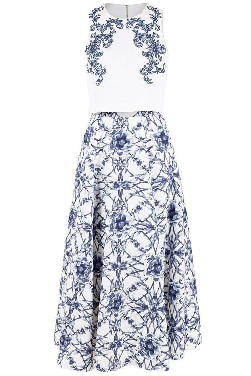 MARCHESA NOTTE-Sleeveless Beaded Crop Top and Skirt-BLUE