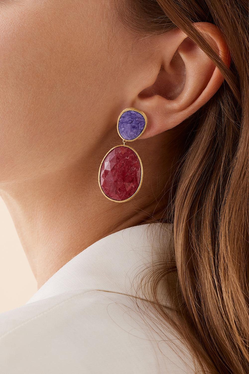 Charoite Thulite Lunaria Double Drop Earrings-YELLOW GOLD-JEWELRYFINE JEWELEARRING-MARCO BICEGO