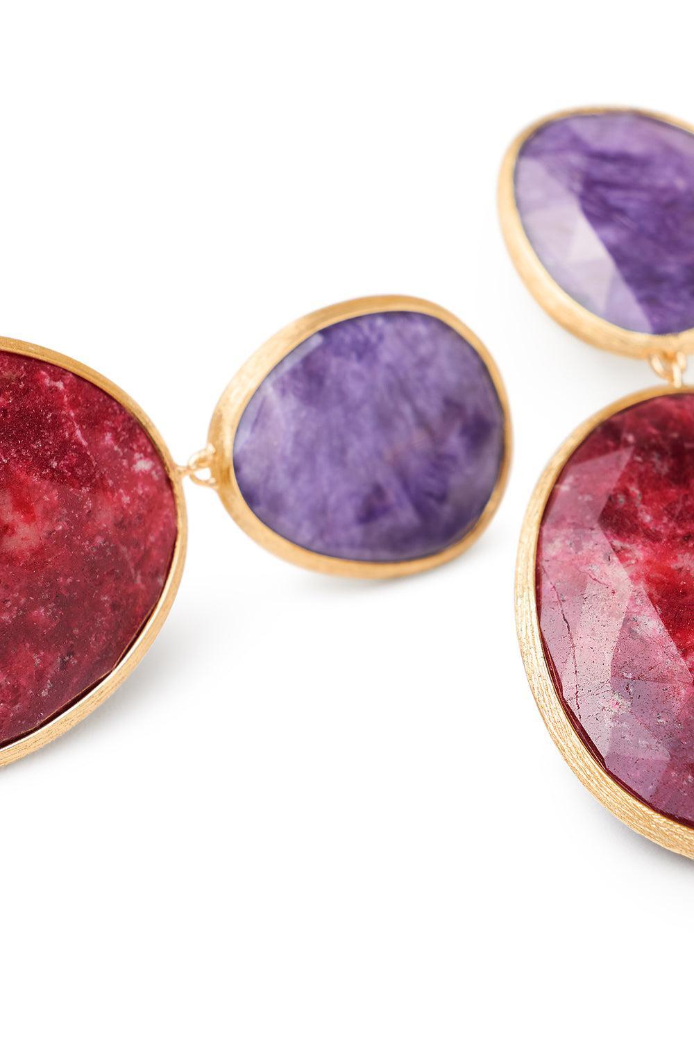 Charoite Thulite Lunaria Double Drop Earrings-YELLOW GOLD-JEWELRYFINE JEWELEARRING-MARCO BICEGO