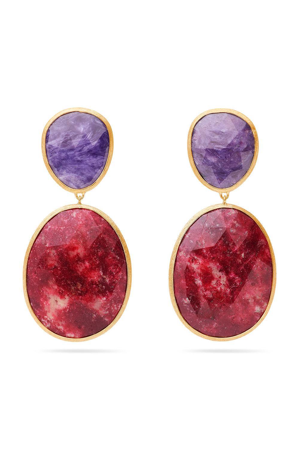 Charoite Thulite Lunaria Double Drop Earrings-YELLOW GOLD-JEWELRYFINE JEWELEARRING-MARCO BICEGO