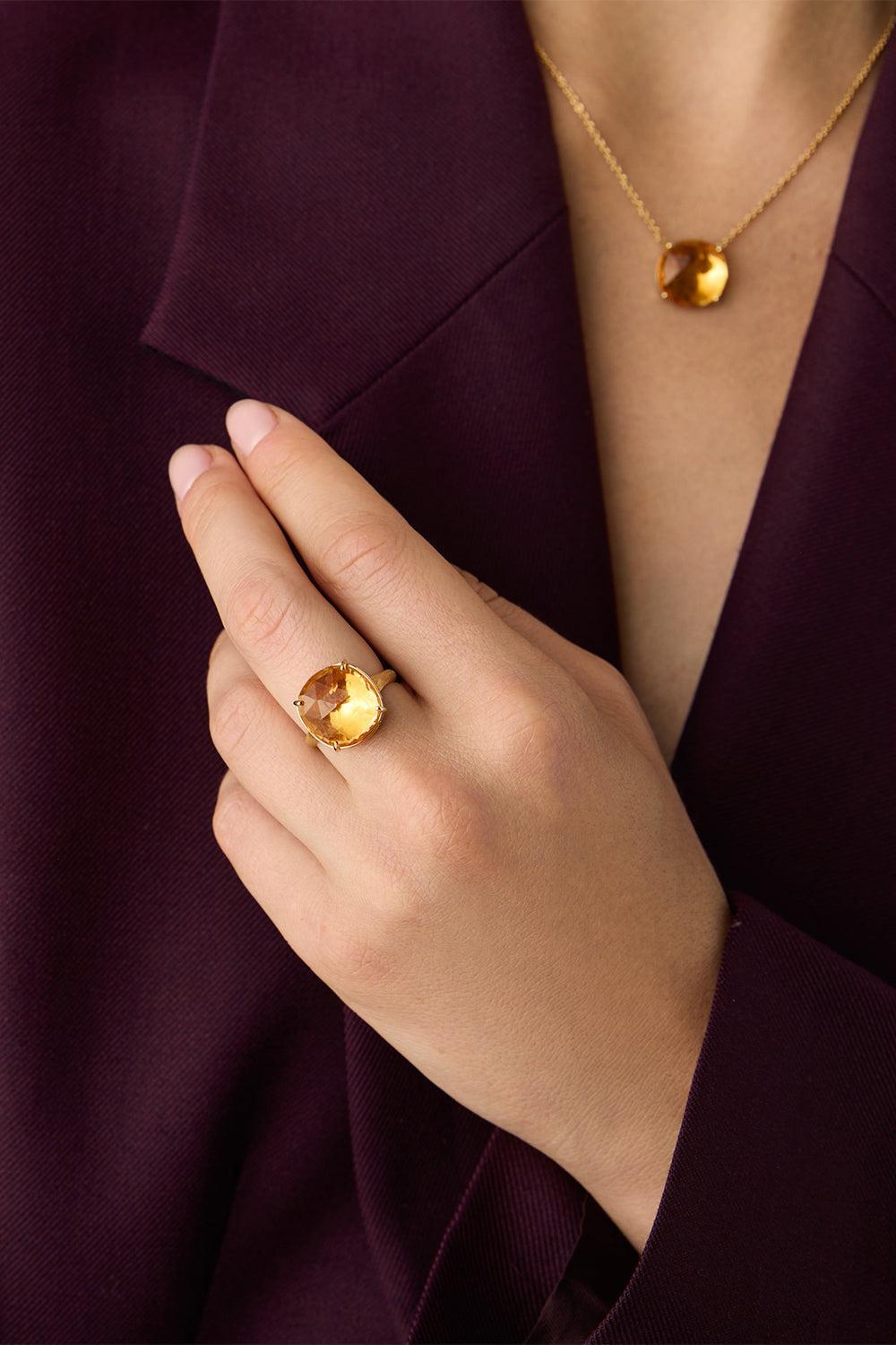 Yellow Quartz Jaipur Cocktail Ring-YELLOW GOLD-7-JEWELRYFINE JEWELRING-MARCO BICEGO