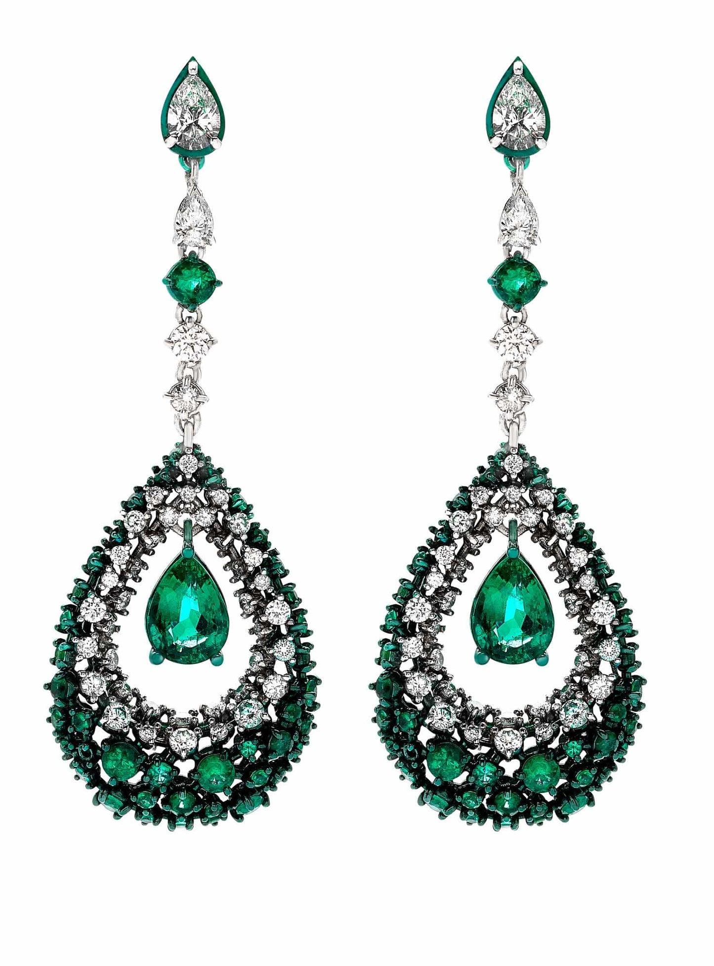 MARIANI-Emerald and Diamond Drop Earrings-WHITE GOLD