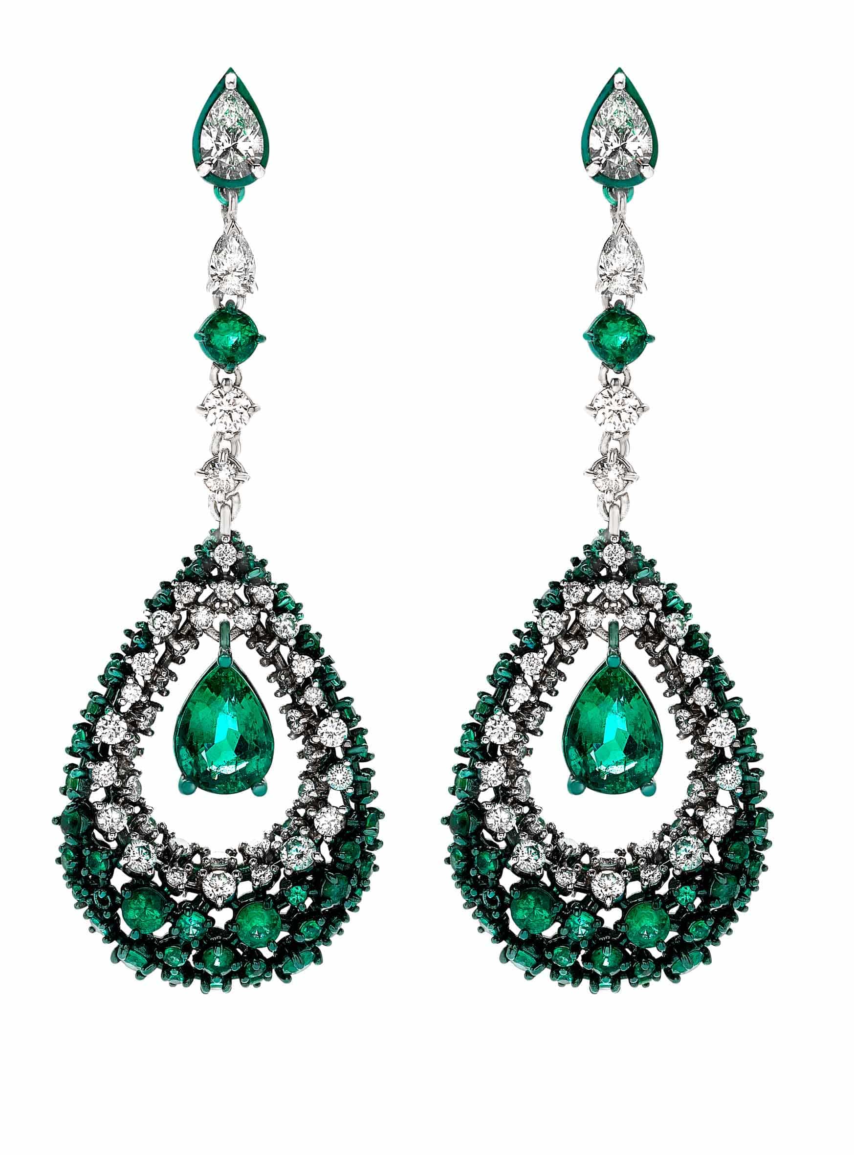 MARIANI-Emerald and Diamond Drop Earrings-WHITE GOLD