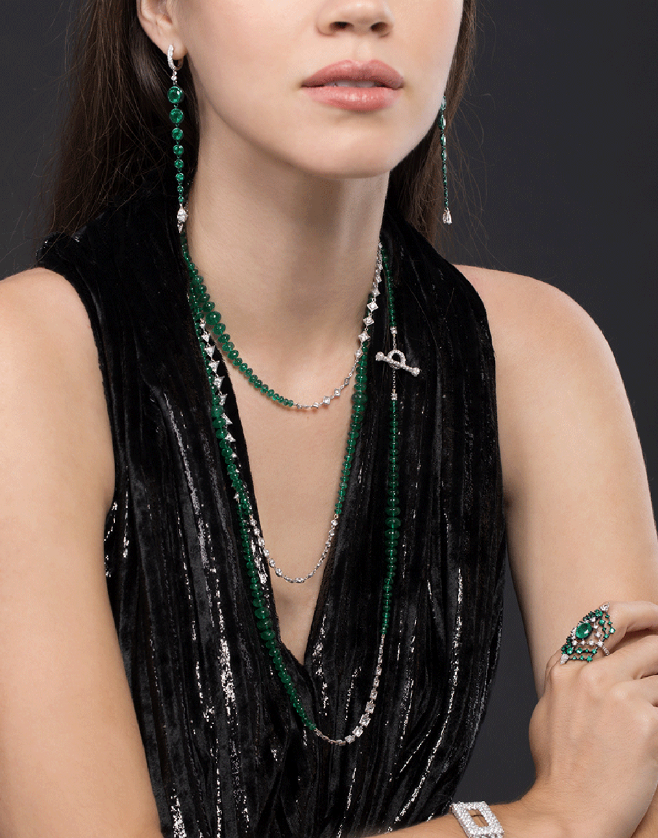 MARIANI-Emerald Long Drop Earrings-WHITE GOLD
