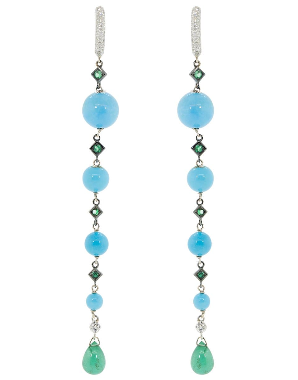 MARIANI-Tapered Turquoise, Emerald, and Diamond Drop Earrings-WHITE GOLD