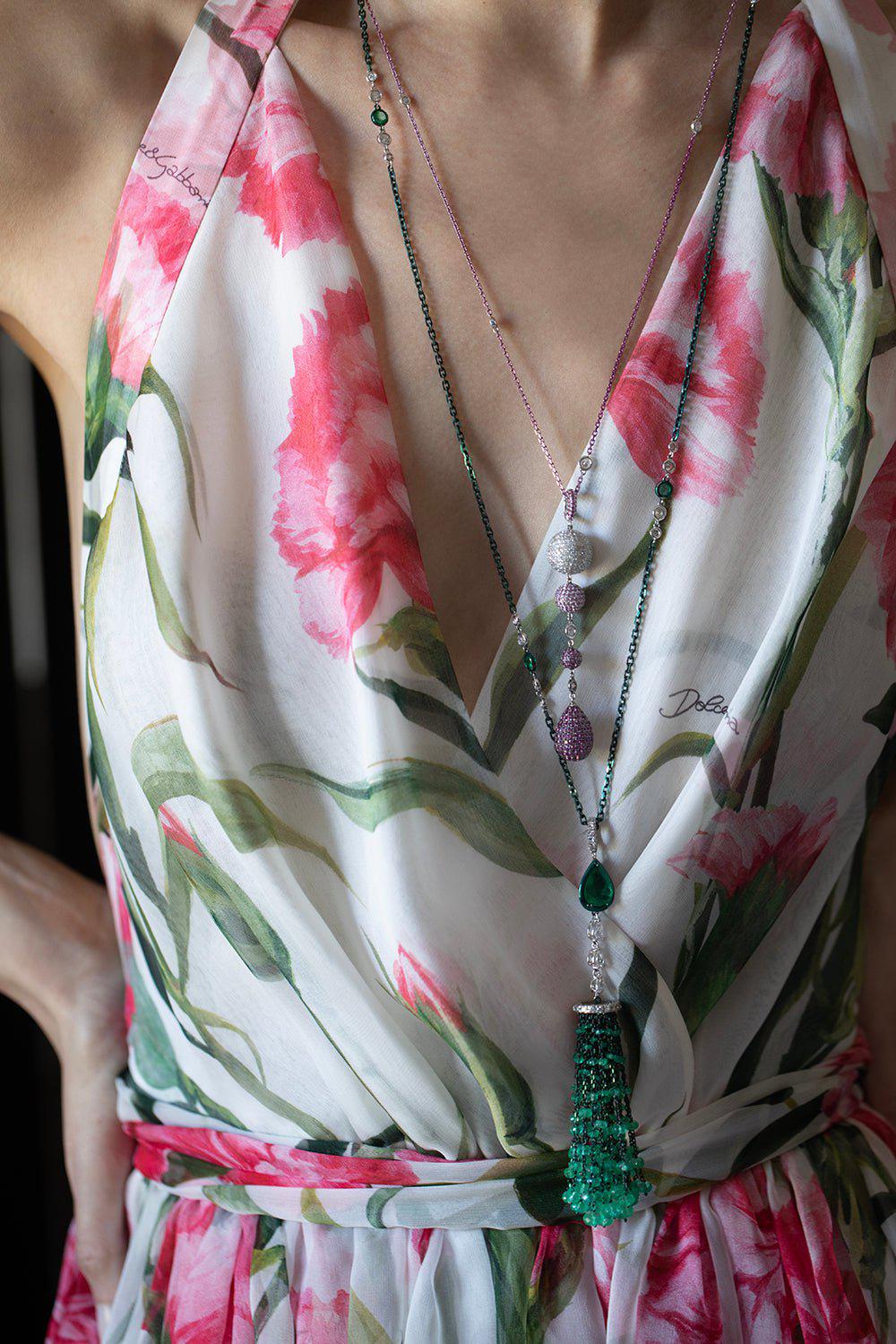 MARIANI-Emerald Tassel Necklace-BLACK GOLD