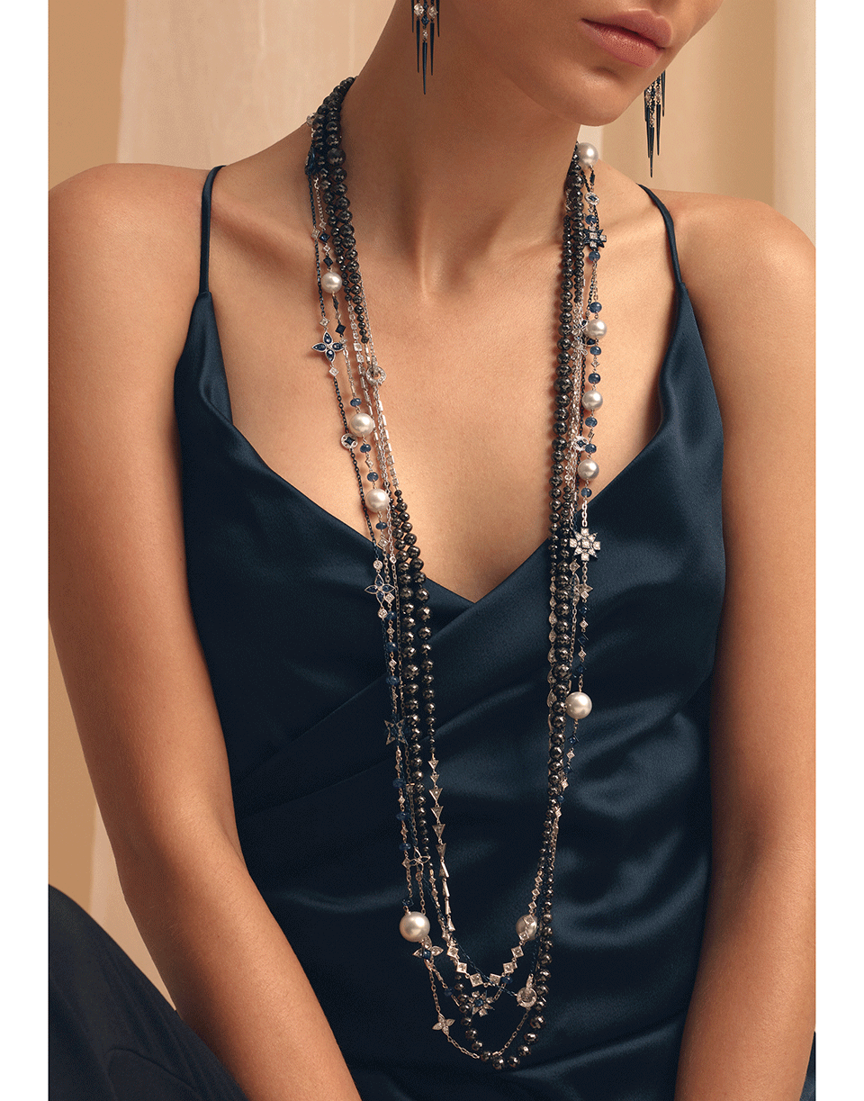 MARIANI-Black and White Diamond Bead Wrap Necklace-WHITE GOLD