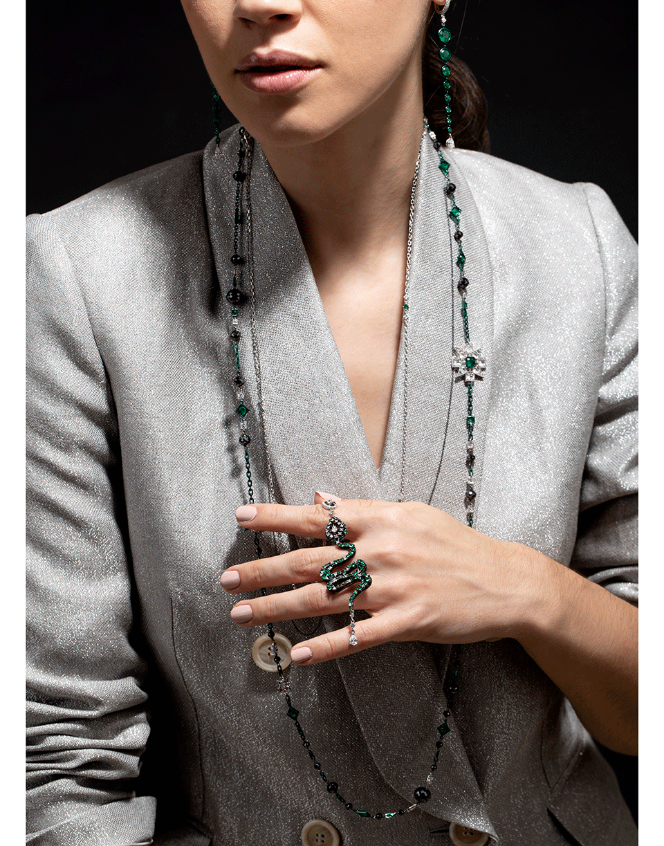 MARIANI-Emerald and Diamond Snake Necklace-WHITE GOLD