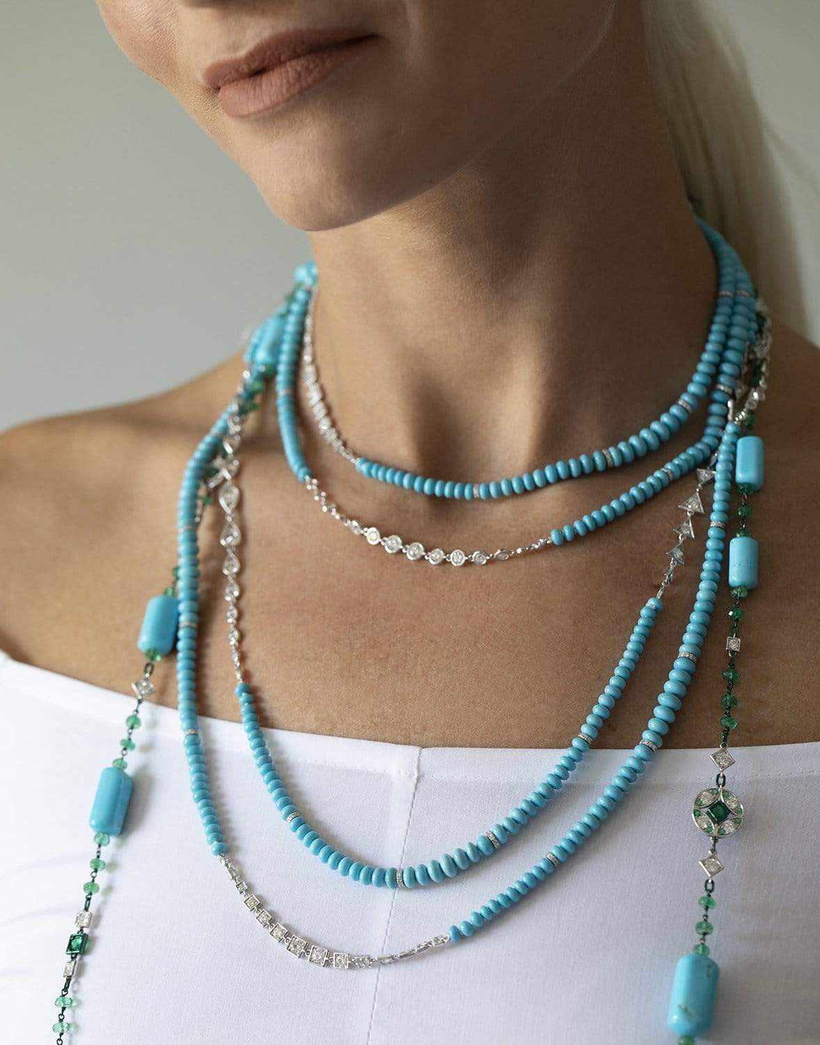 MARIANI-Sautoir Turquoise & Diamond Necklace-WHITE GOLD