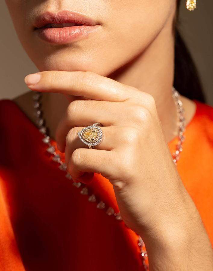 MARISSA DIAMONDS-Single Row Yellow Pear Shape Diamond Ring-WHITE GOLD
