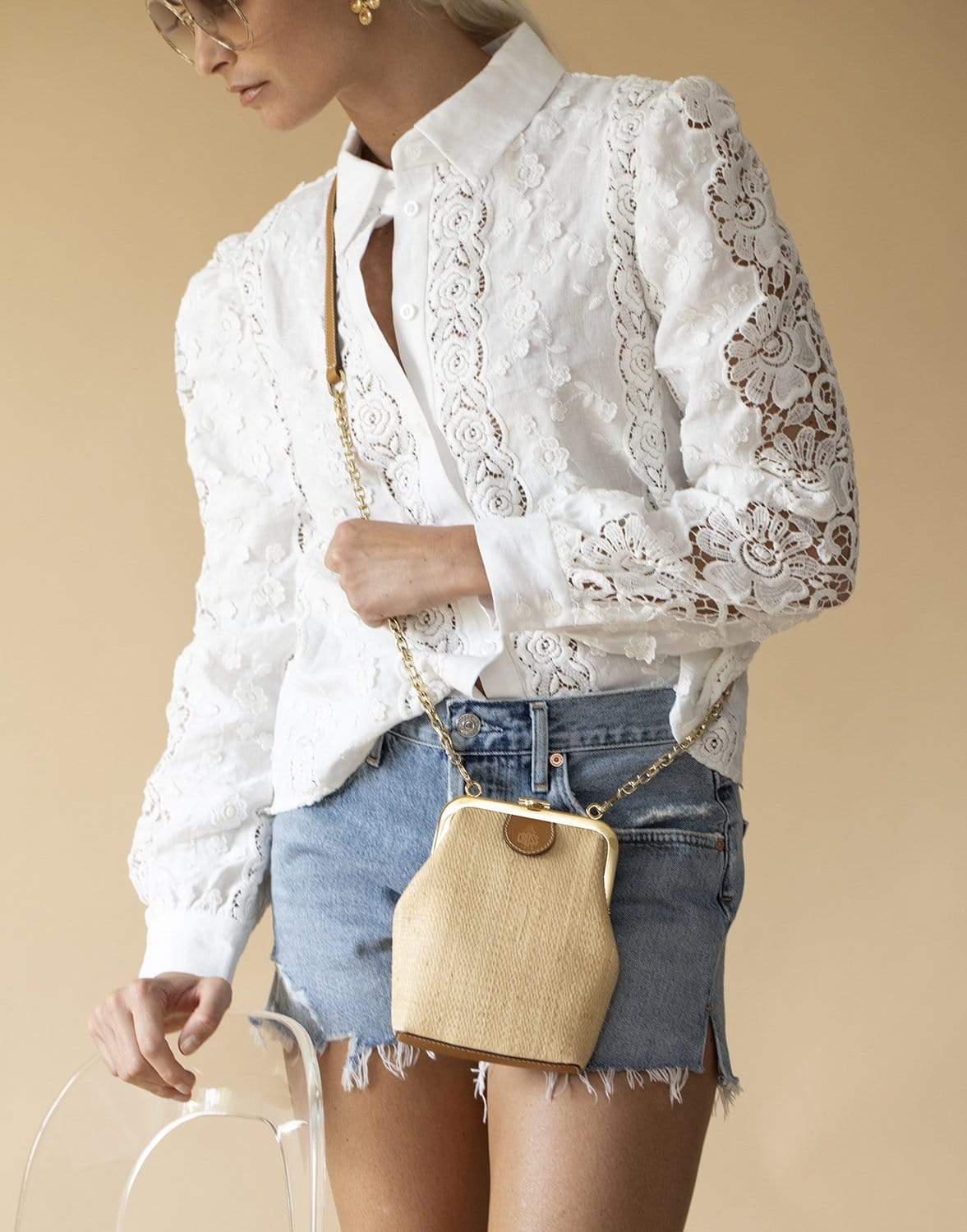 MARK CROSS-Susanna Crossbody Raffia & Leather Frame Pouch Bag-LUGGAGE