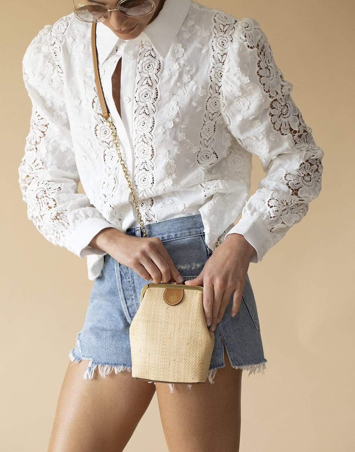 MARK CROSS-Susanna Crossbody Raffia & Leather Frame Pouch Bag-LUGGAGE