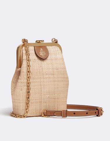 MARK CROSS-Susanna Crossbody Raffia & Leather Frame Pouch Bag-LUGGAGE