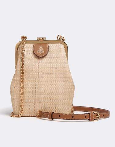 MARK CROSS-Susanna Crossbody Raffia & Leather Frame Pouch Bag-LUGGAGE