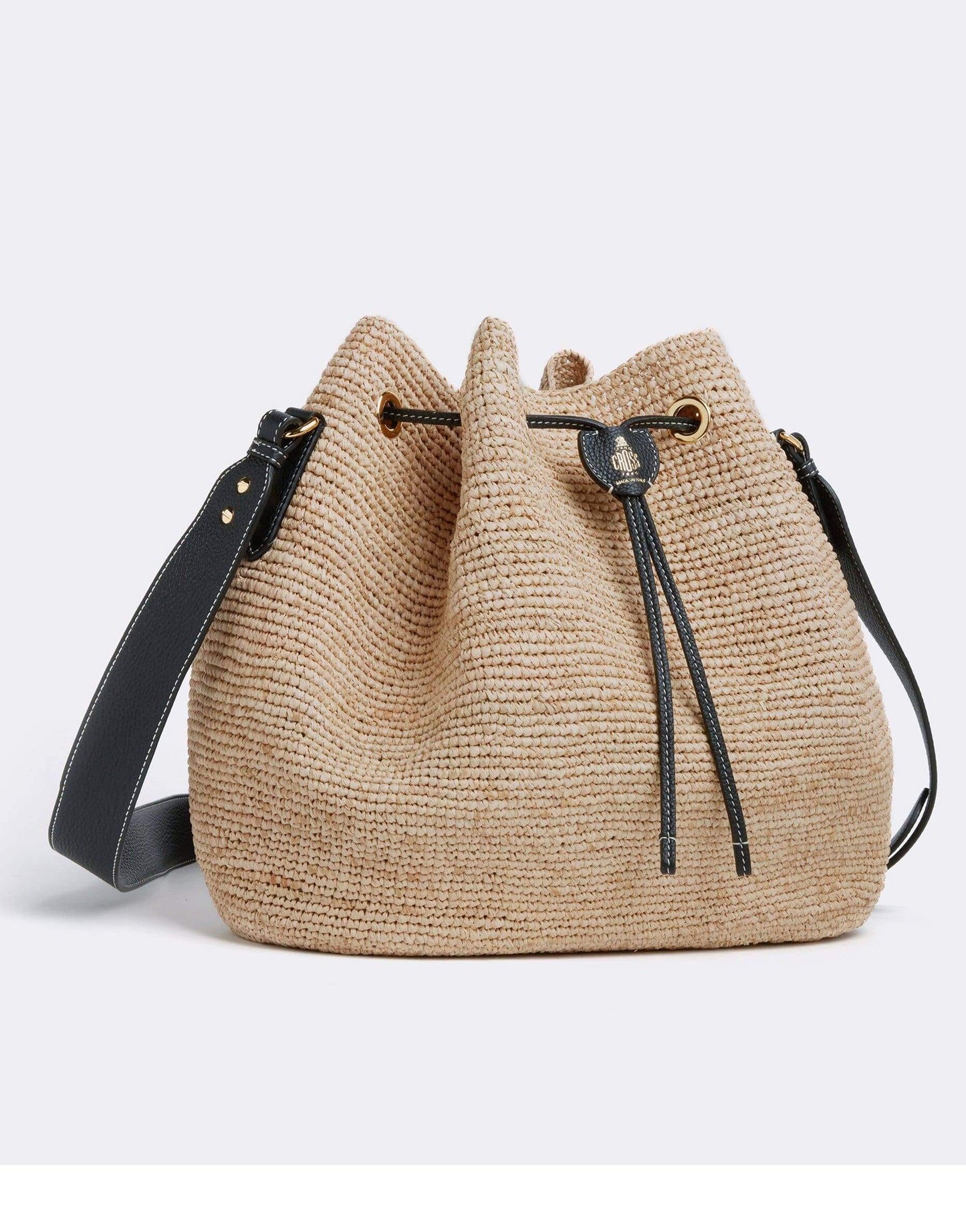 MARK CROSS-Joni Raffia & Leather Bucket Bag - Tumbled Grain Black-NAT/BLK