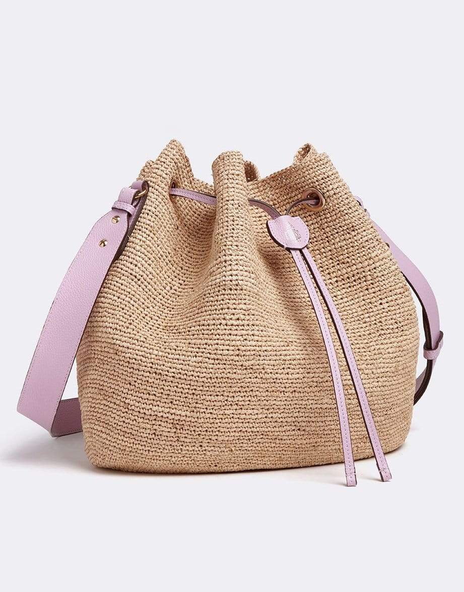 MARK CROSS-Joni Raffia & Leather Bucket Bag - Tumbled Grain Lilac-NAT/LILC