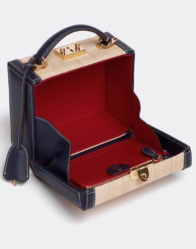 MARK CROSS-Grace Small Raffia & Leather Box Bag-MIDNIGHT