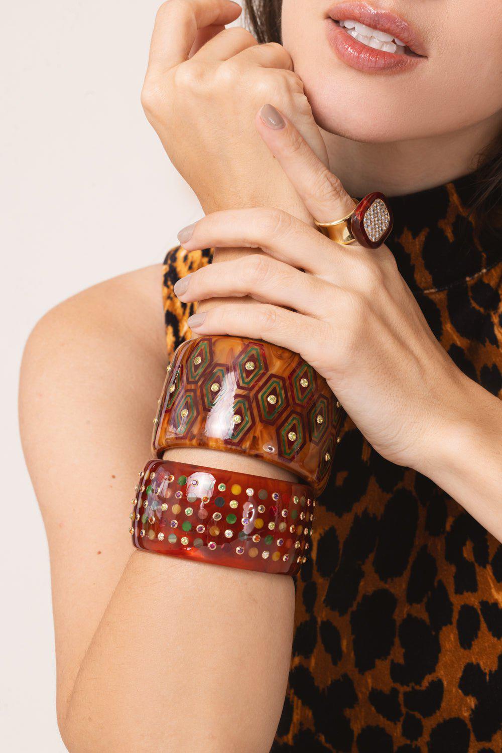 MARK DAVIS-Amethyst Ruby Citrine Orange Bakelite Bangle-YELLOW GOLD