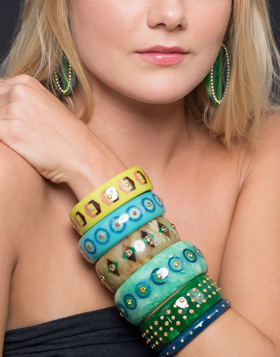 MARK DAVIS-Green Bakelite and Blue Circles Bangle-YELLOW GOLD