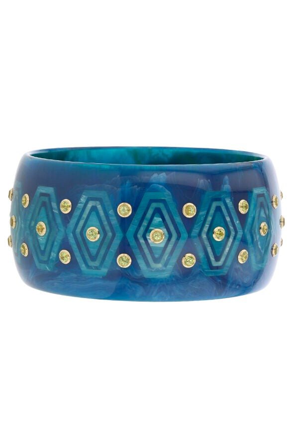 MARK DAVIS-Large Peridot Blue Bakelite Bangle Bracelet-YELLOW GOLD
