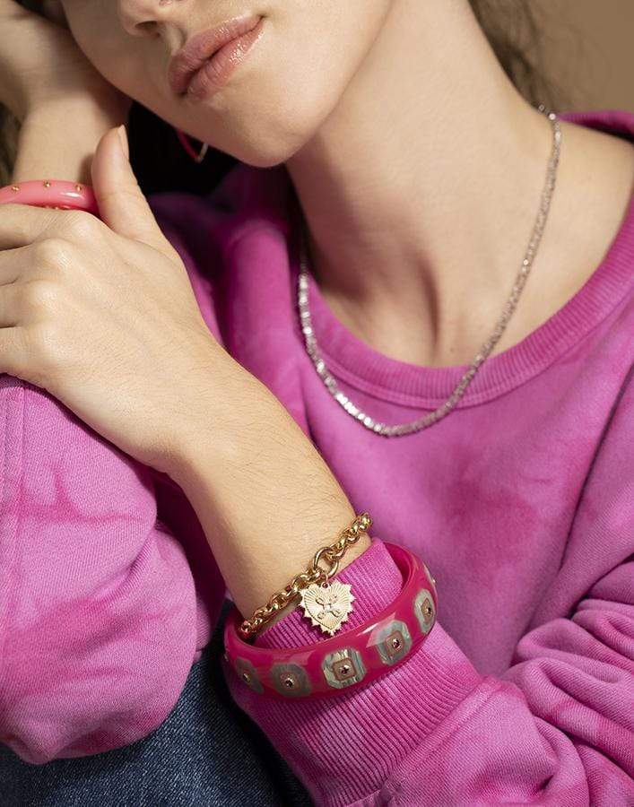 MARK DAVIS-Pink and Blue Bakelite with Rhodonite Garnet Bangle-YELLOW GOLD