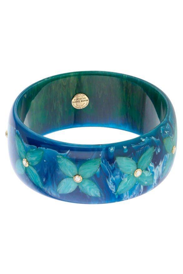 MARK DAVIS-White topaz Blue Floral Bakelite Bangle-YELLOW GOLD