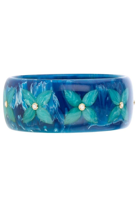 MARK DAVIS-White topaz Blue Floral Bakelite Bangle-YELLOW GOLD