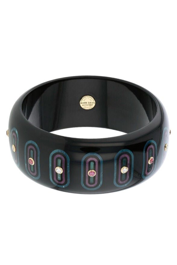 MARK DAVIS-White Topaz Garnet Black Bakelite Bangle-YELLOW GOLD