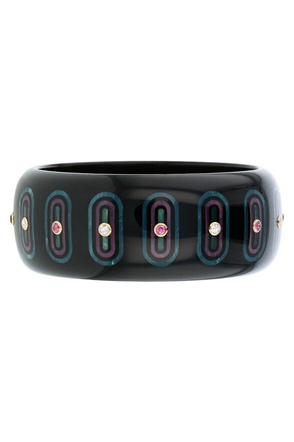 MARK DAVIS-White Topaz Garnet Black Bakelite Bangle-YELLOW GOLD