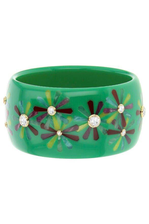 MARK DAVIS-White Topaz Green Floral Bakelite Bangle-YELLOW GOLD