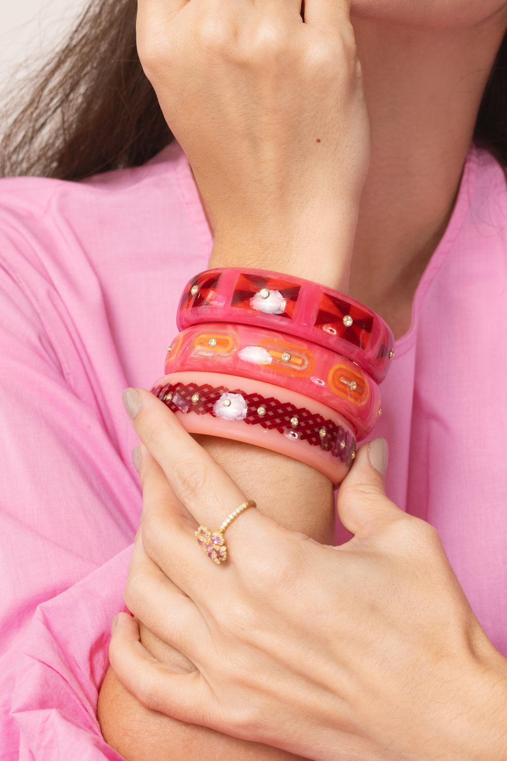 MARK DAVIS-White Topaz Pink Yellow Bakelite Bangle-YELLOW GOLD