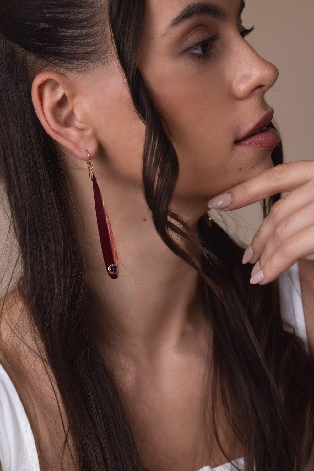 MARK DAVIS-Amethyst Burgundy Bakelite Earrings-YELLOW GOLD