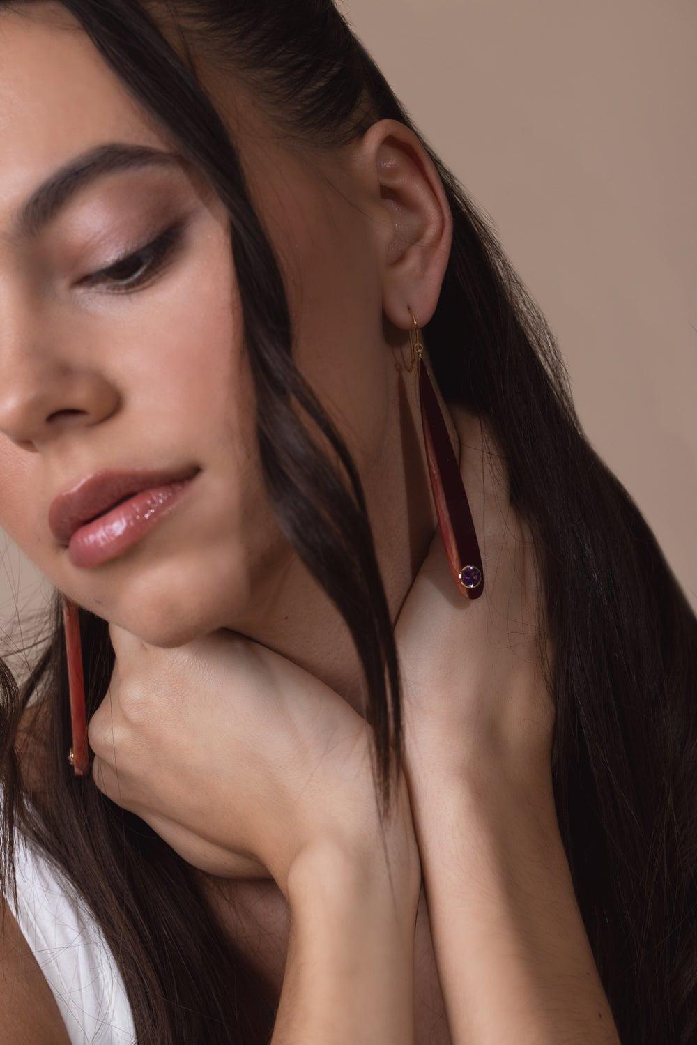 MARK DAVIS-Amethyst Burgundy Bakelite Earrings-YELLOW GOLD