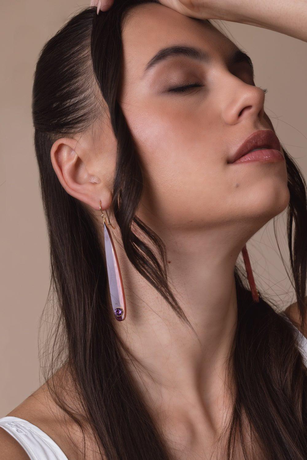 MARK DAVIS-Amethyst Burgundy Bakelite Earrings-YELLOW GOLD
