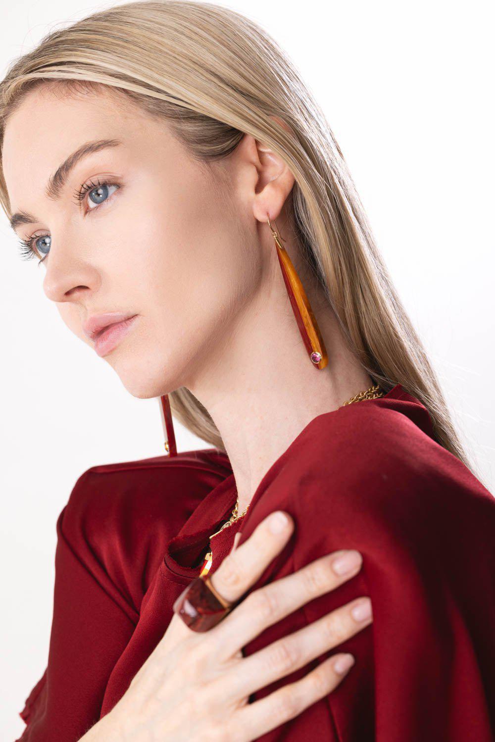 MARK DAVIS-Citrine Garnet Orange Bakelite Earrings-YELLOW GOLD
