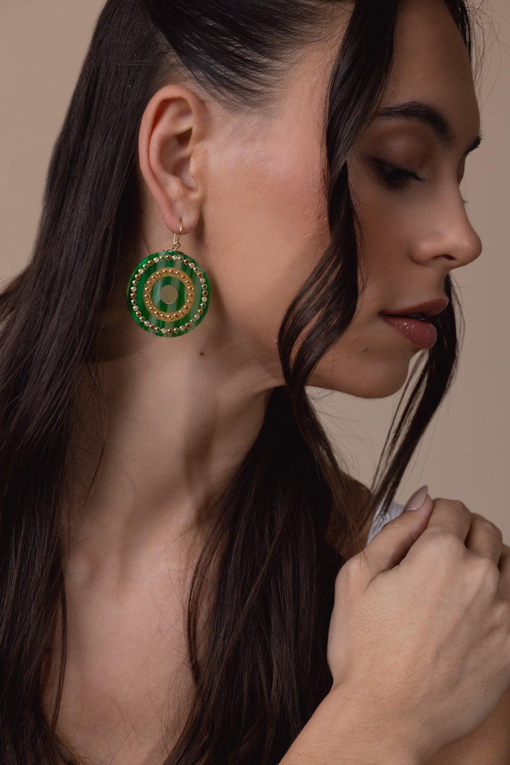 MARK DAVIS-Citrine Sapphire Green Bakelite Earrings-YELLOW GOLD