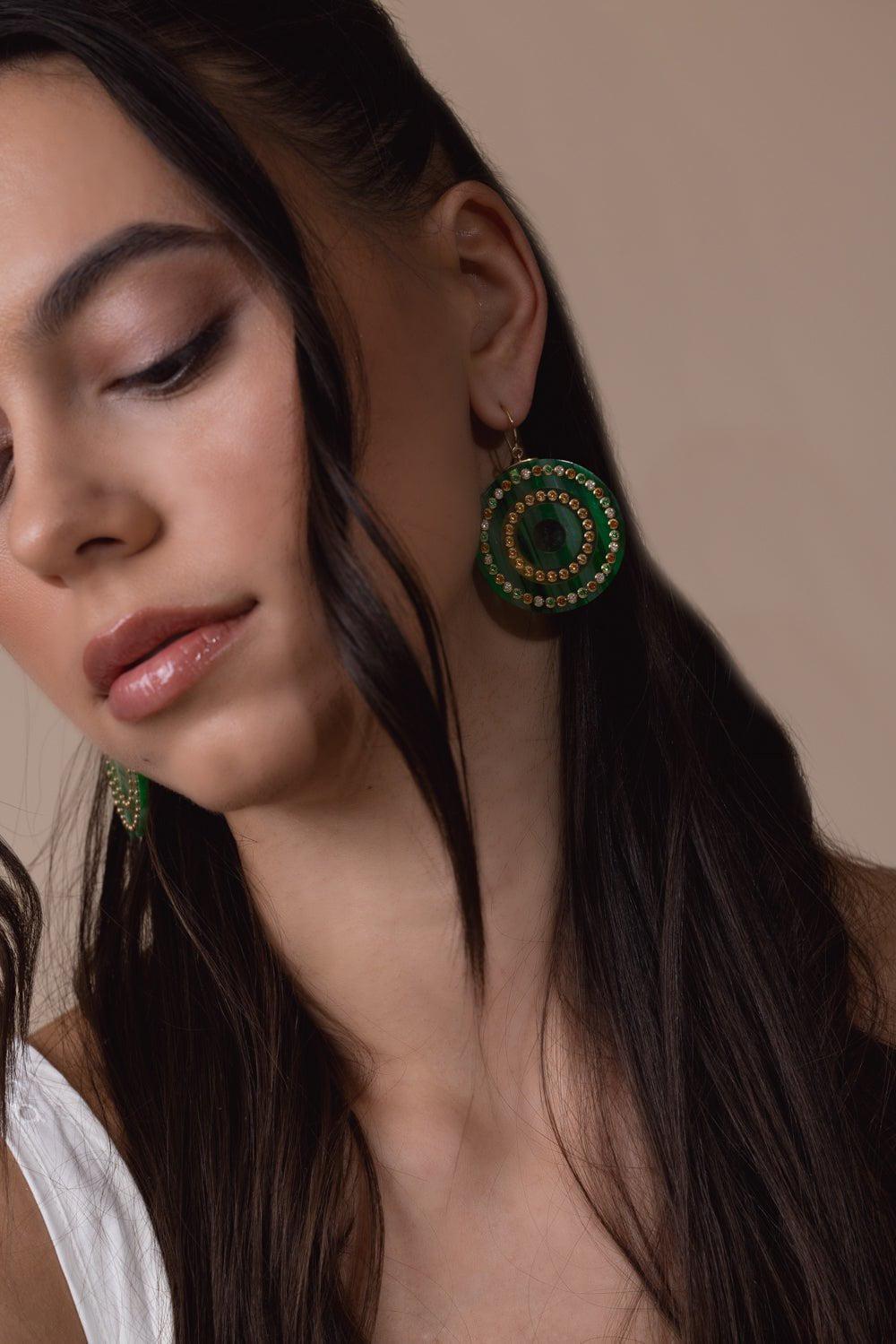MARK DAVIS-Citrine Sapphire Green Bakelite Earrings-YELLOW GOLD