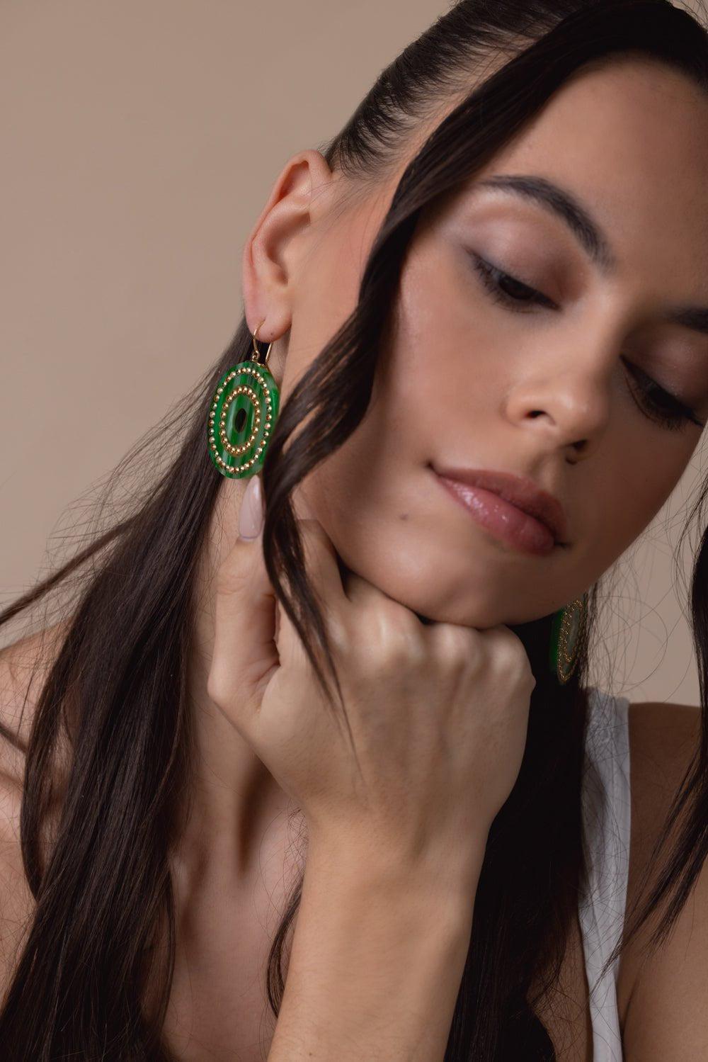 MARK DAVIS-Citrine Sapphire Green Bakelite Earrings-YELLOW GOLD