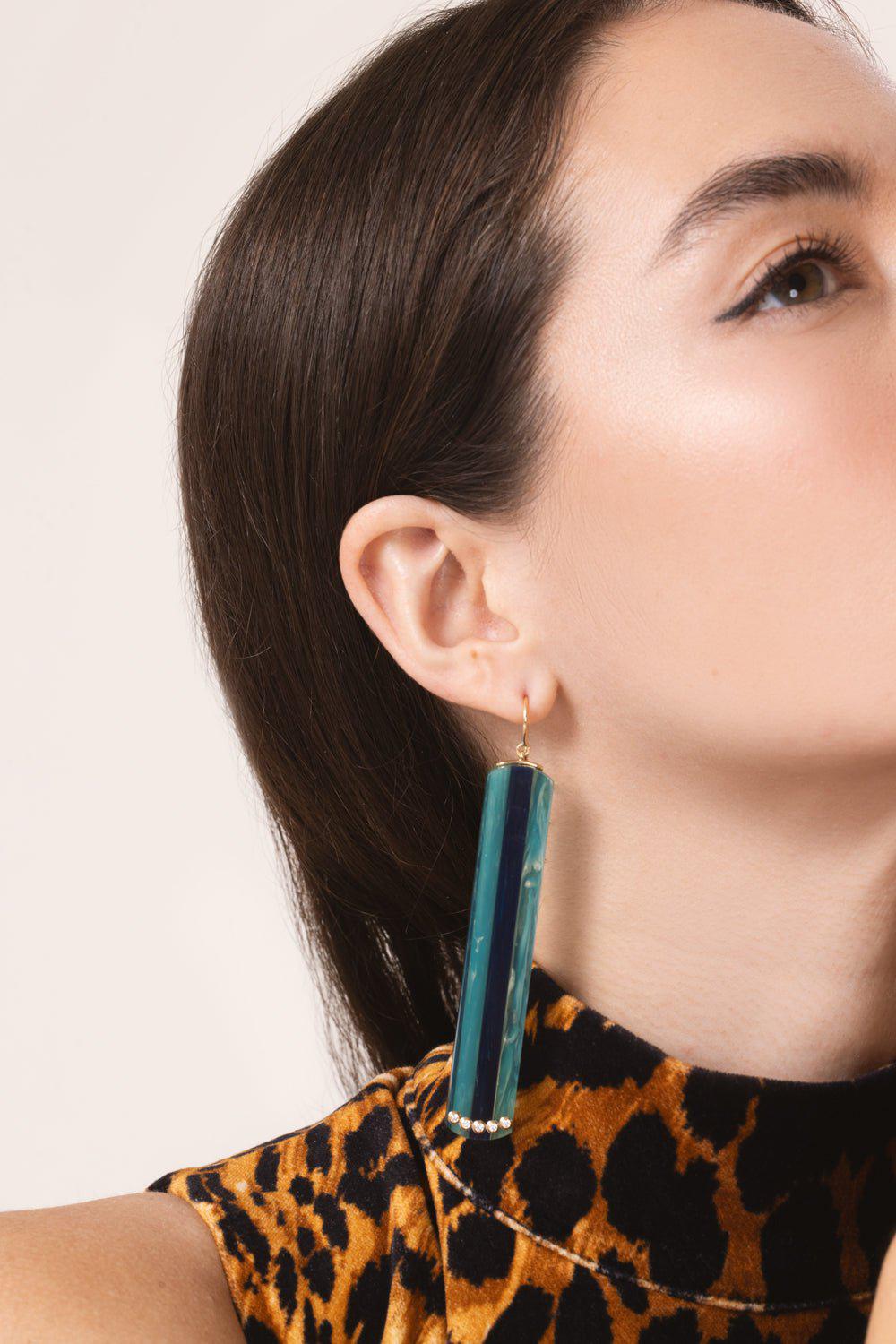 MARK DAVIS-Diamond Blue Bakelite Earrings-YELLOW GOLD