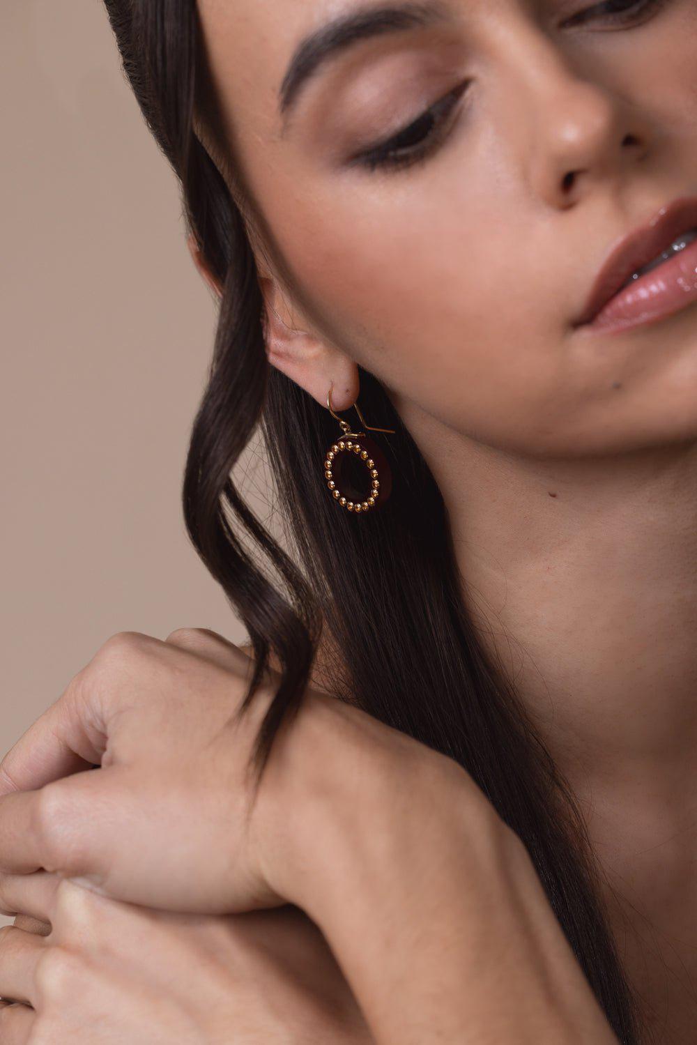 MARK DAVIS-Mozambique Garnet Burgundy Bakelite Earrings-YELLOW GOLD