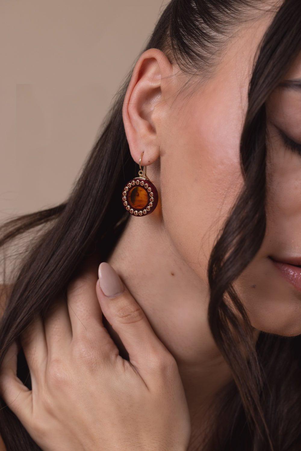MARK DAVIS-Mozambique Garnet Tortoise Bakelite Earrings-YELLOW GOLD