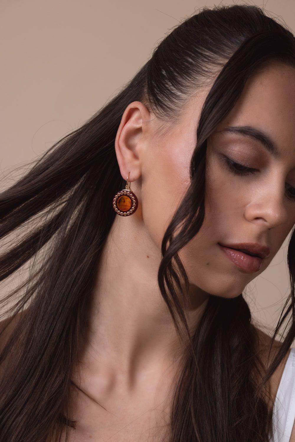 MARK DAVIS-Mozambique Garnet Tortoise Bakelite Earrings-YELLOW GOLD