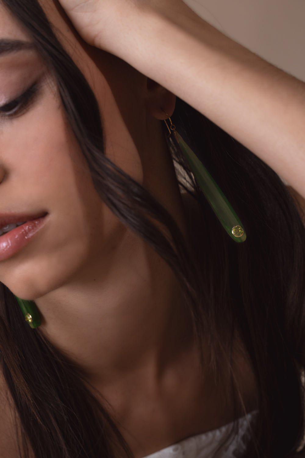 MARK DAVIS-Peridot Dark Green Bakelite Earrings-YELLOW GOLD
