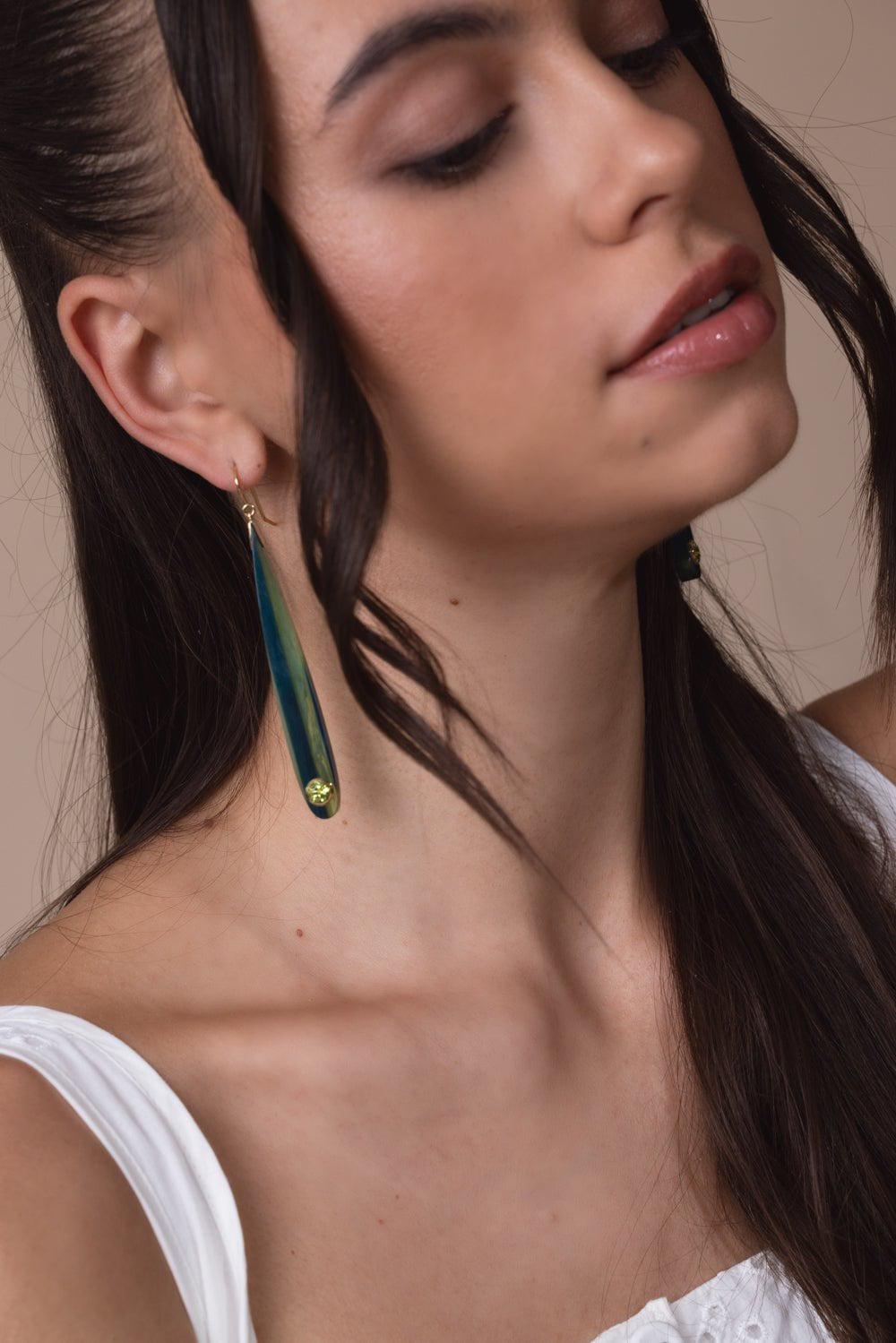 MARK DAVIS-Peridot Green Blue Bakelite Earrings-YELLOW GOLD