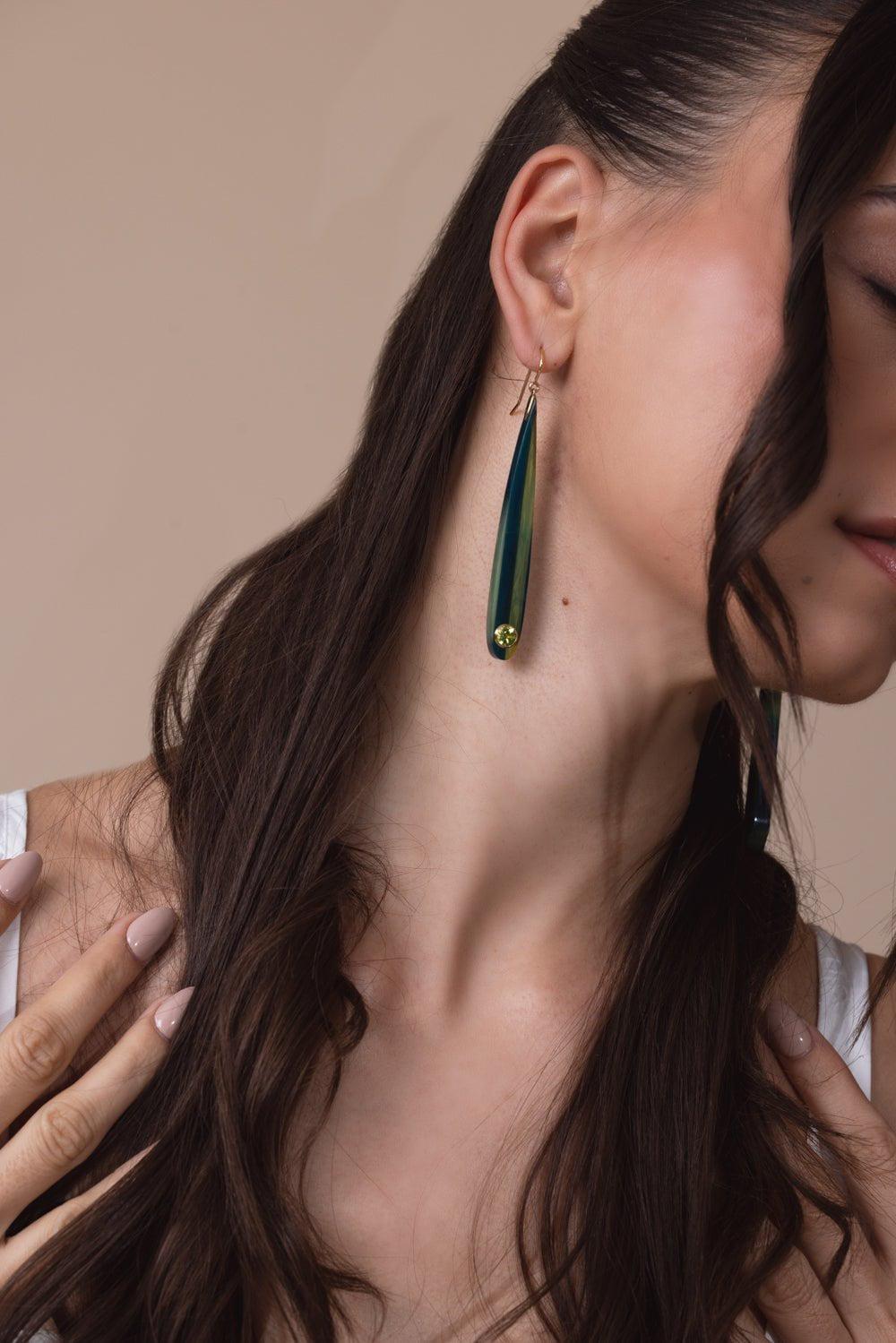 MARK DAVIS-Peridot Green Blue Bakelite Earrings-YELLOW GOLD