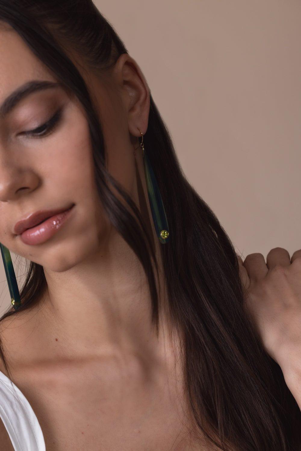 MARK DAVIS-Peridot Green Blue Bakelite Earrings-YELLOW GOLD