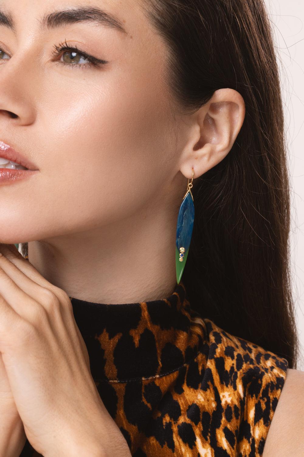 MARK DAVIS-Peridot Sapphire Blue Green Bakelite Earrings-YELLOW GOLD