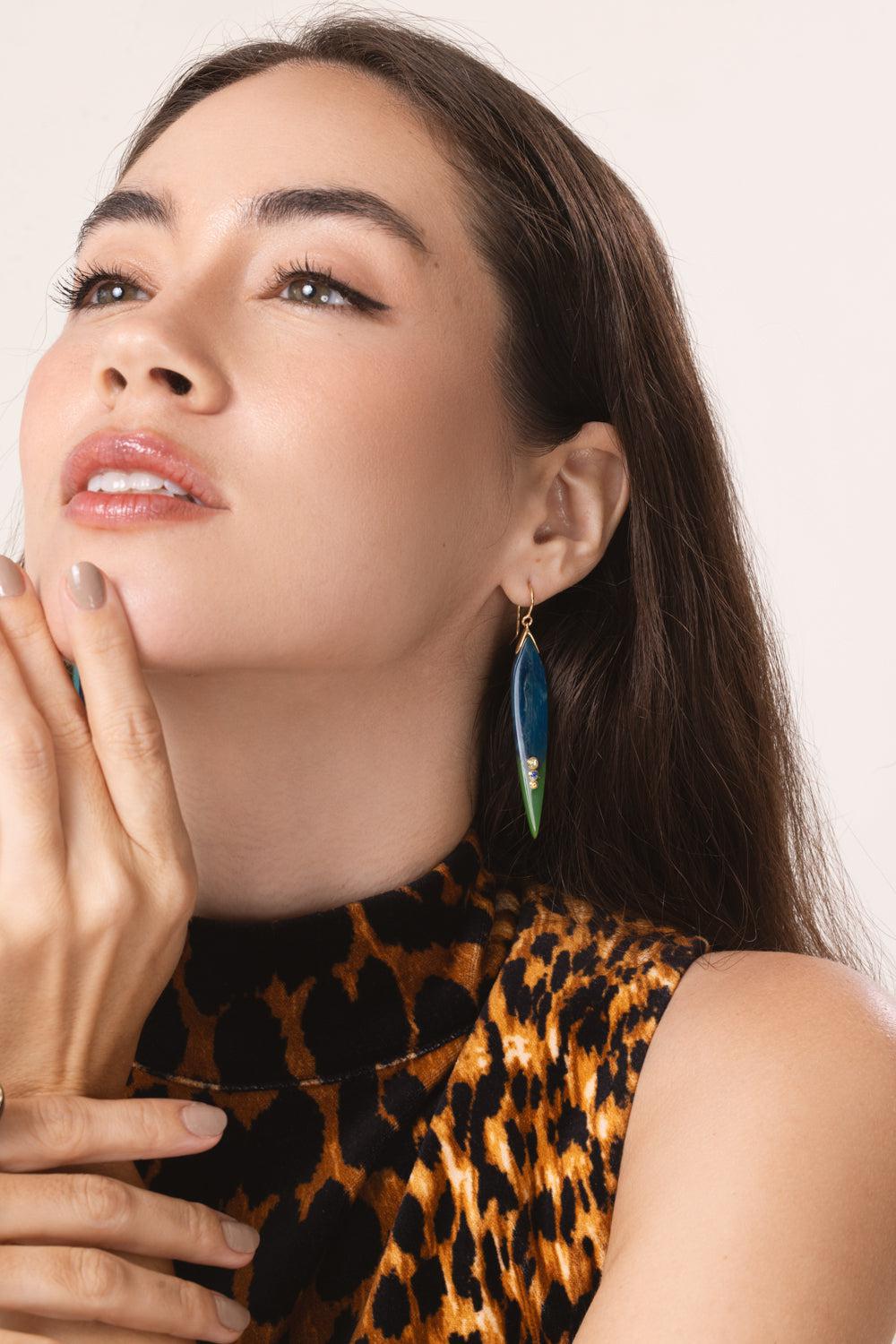 MARK DAVIS-Peridot Sapphire Blue Green Bakelite Earrings-YELLOW GOLD