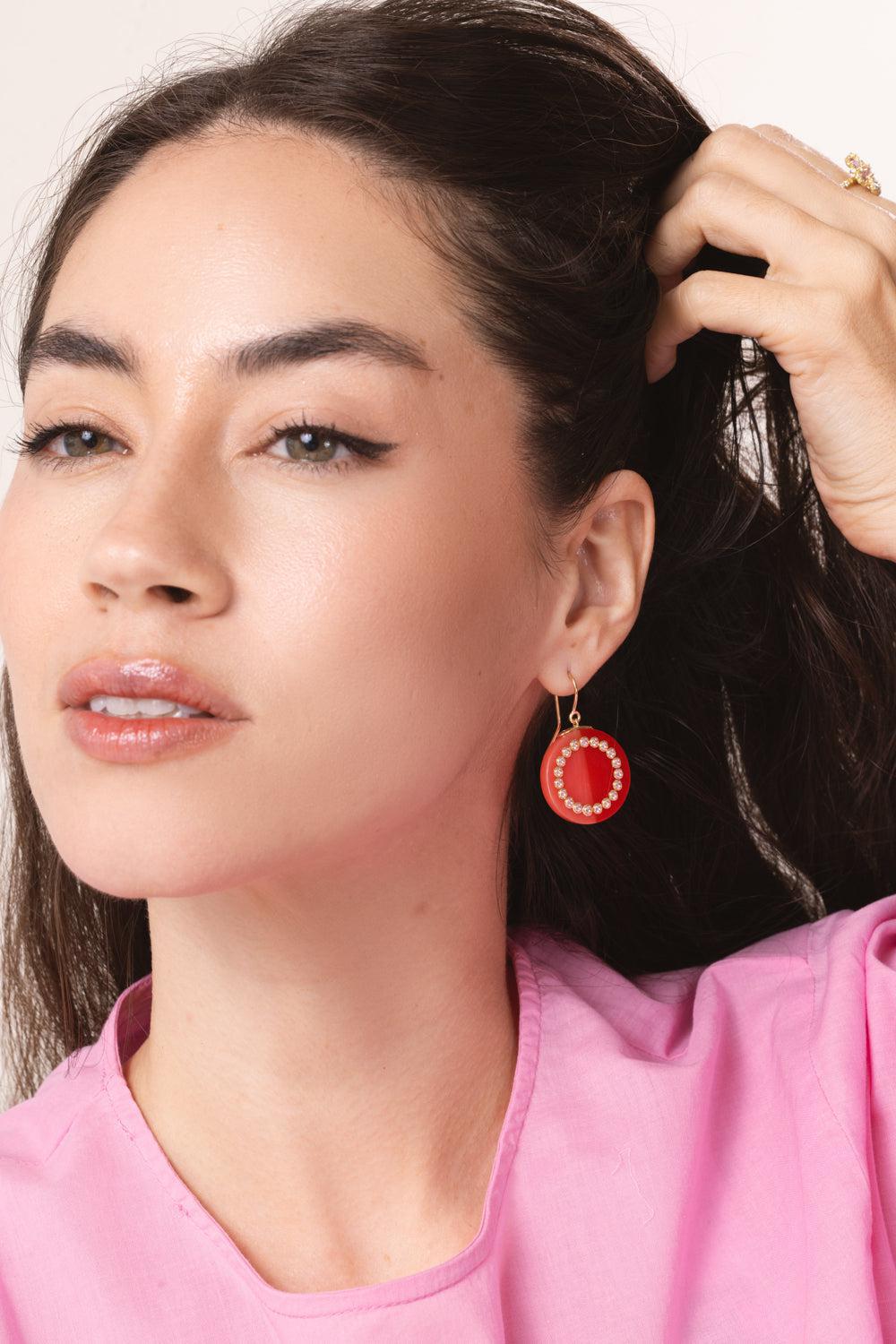 MARK DAVIS-Pink Sapphire Red Bakelite Earrings-YELLOW GOLD