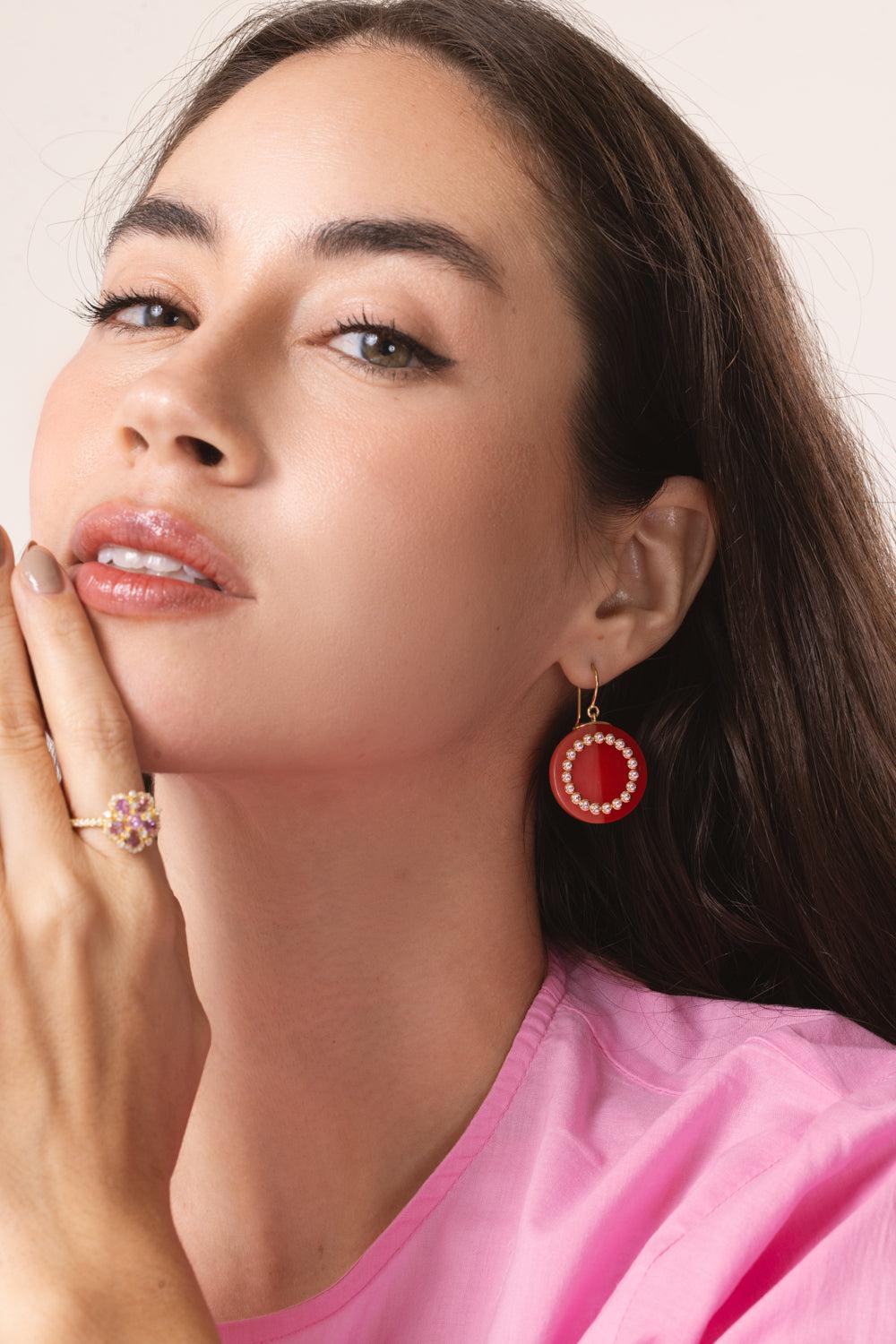 MARK DAVIS-Pink Sapphire Red Bakelite Earrings-YELLOW GOLD